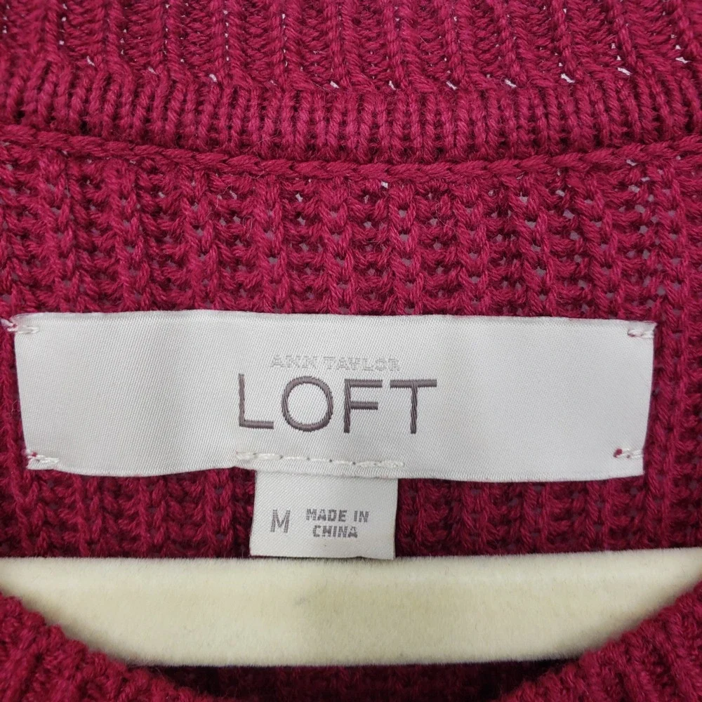 LOFT Jeweled Crew Neck Sweater M Embellished Beaded Ribbed Knit Cotton Silk‎ Red